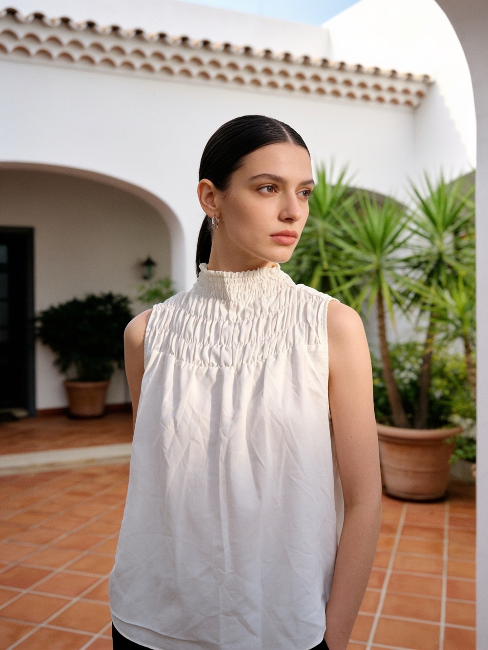 1. State Cream Smocked High-Neck Sleeveless Top